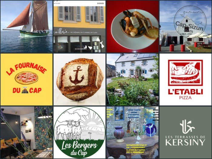 Mosaïque de photos de commerces, artisans et producteurs du Cap-Sizun présents dans l'annuaire des services : vieux gréement, restaurants, boulangerie, pizzerias, brocante, éleveurs de brebis, camping.